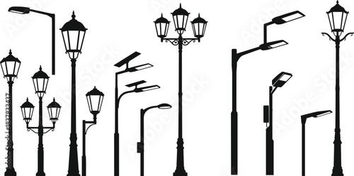 Diverse Street Lamp Vector Icon Set, Featuring Modern Minimalist and Ornate Antique Black Silhouettes with Glowing Yellow Light Bulbs for City Illumination.