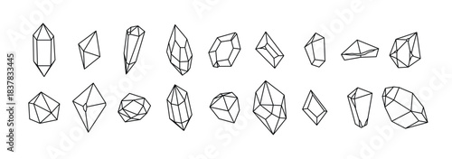 Collection of hand drawn gemstone illustrations with faceted cuts and rough crystal textures isolated on transparent background, vector illustration.