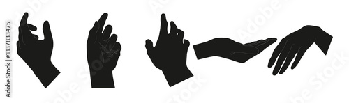 Set of various black silhouette woman hands. Vector collection of female hands of different gestures. Trendy minimal style for logos, prints, designs, vector illustration.