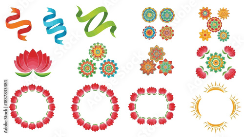 Colorful clip art ribbons lotus flowers floral wreaths sun bursts and geometric floral patterns