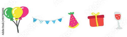 Birthday big decorative elements set. Different party objects, colourful holiday items, gift, cake, balloon and garlands, vector flat, vector illustration.