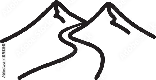 Hand drawn mountain peaks with winding path Keywords: mountain, mountains, peak, peaks, nature