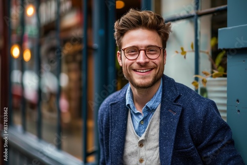 Fototapeta Naklejka Na Ścianę i Meble -  Young man with eyeglasses and toothy smile leaning against a storefront window, exuding confidence and entrepreneurial spirit