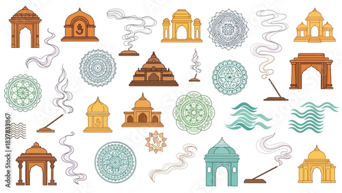Indian Architecture and Spiritual Elements in Flat Design Temples, Incense, and Mandalas