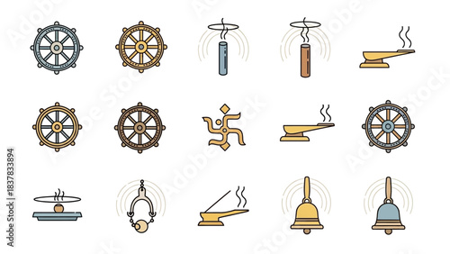 A collection of simple vector illustrations depicting cultural and spiritual symbols and icons