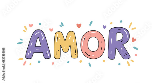 Colorful "Amor" text design with hearts and playful elements  