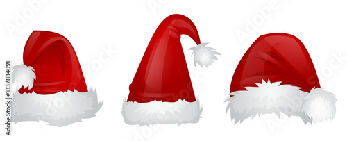 Collage with Santa Claus hats, closeup objects. Santa Hat Illustration