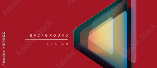 Red background features layered geometric shapes. Design includes translucent triangles, gradients, modern aesthetic. Minimalist composition, vibrant colors.