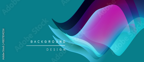 Abstract flowing shapes, vibrant colors, teal background. Modern design elements create dynamic visual impact. Text reads background design.