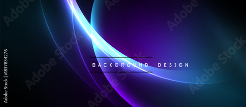 Abstract flowing lines, vibrant blues, purples create dynamic background. Minimalist text overlay adds modern touch. Dark space dominates.