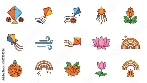 Icons display kites a wind gust various flowers and rainbows in a stylized cartoonlike fashion