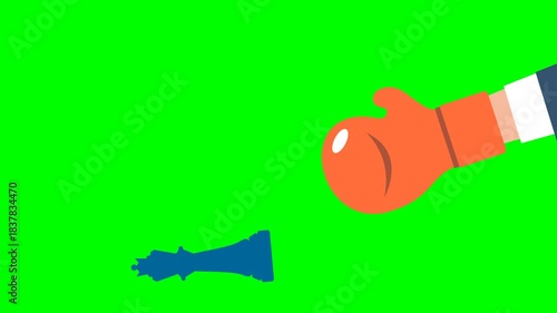 Businessman with red boxing gloves fighting with chess king. Challenge and strategy to win business competition, tactic, skill and leadership to win rivalry battle. 2d flat animation. Alpha channel