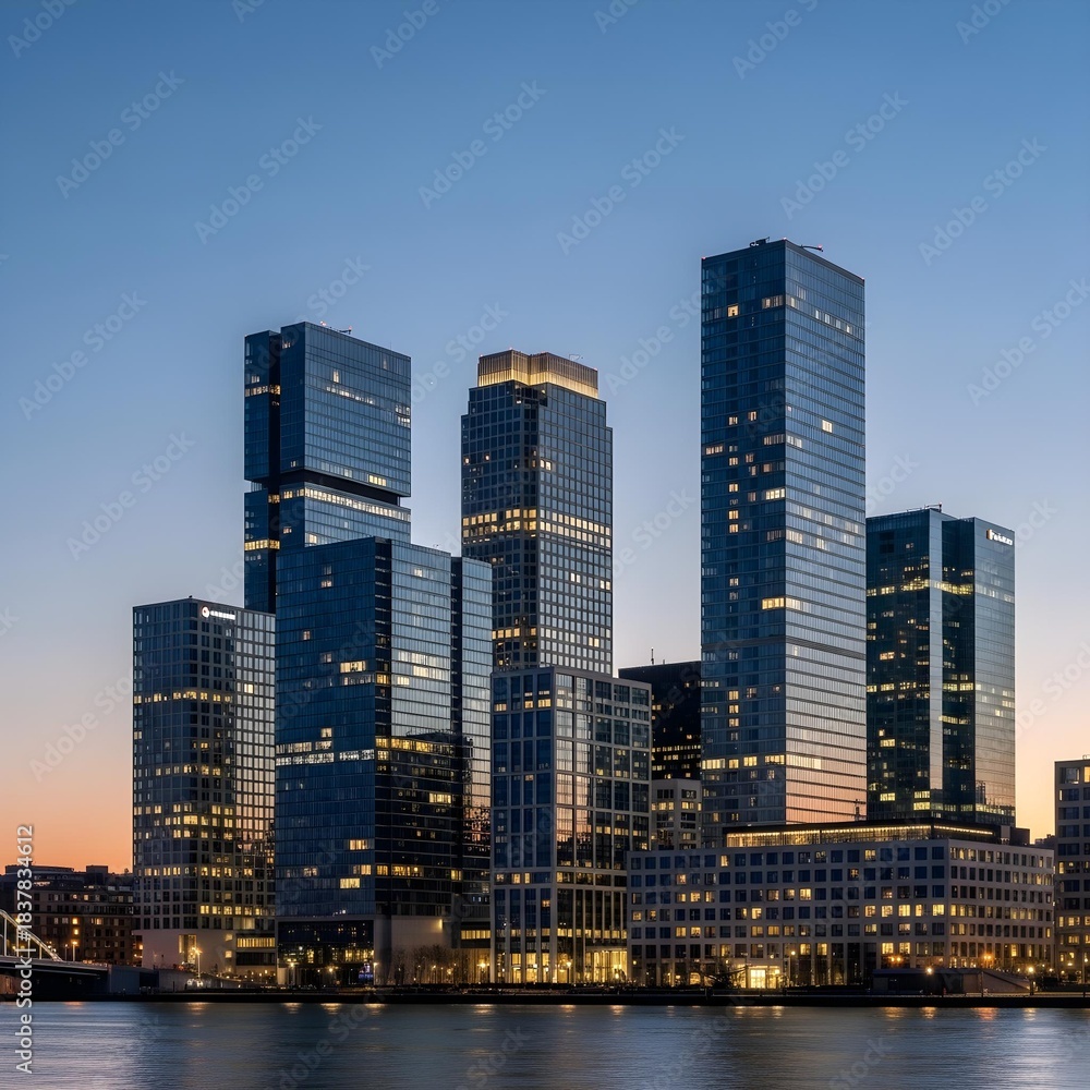 Obraz premium Twilight Urban Symphony: A Modern Minimalist Skyline Illuminated by Soft Dusk Glow, Elegant Geometric Reflections, and Subdued Architectural Artistry Vibrations