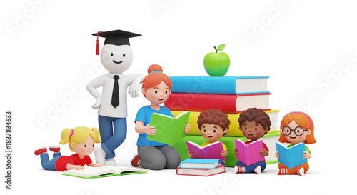 Young diverse students learning with teacher and colorful books