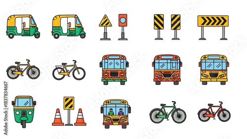 Colorful cartoon transportation autorickshaws bicycles buses signs and traffic cones arranged in rows