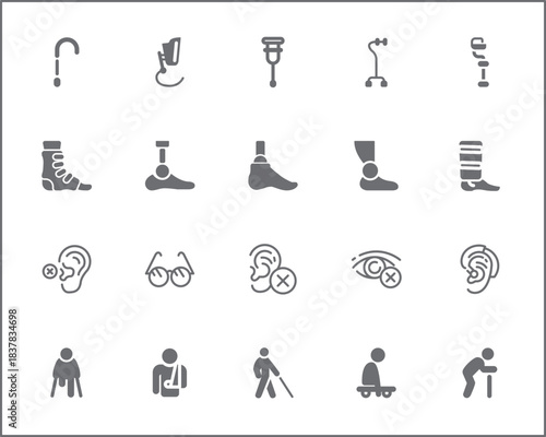 Set of Disability People Pictograms Flat Icons. Contains such Icons as Disabled health care, medical tools, equipment stick figure, crutches, wheelchair, cane, electric wheelchair, power scooter