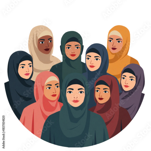 Diverse group of women in hijabs depicted in a circular illustration for cultural representation