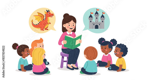 Educator reads fantasy stories to diverse young students in class