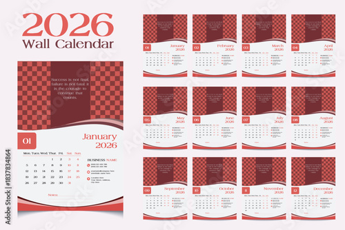 2026 year wall calendar design with Monthly event printable calendars template for business agency
