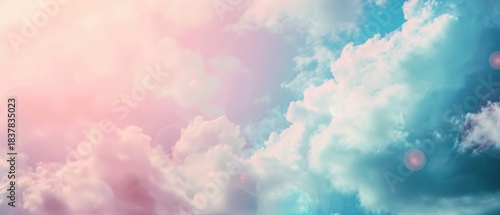 Soft pastel clouds blend into a serene pink and blue sky, creating a dreamy, ethereal atmosphere with a luminous glow and subtle sunlight effects.