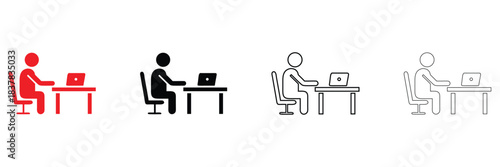 person sitting with a laptop and desk icon vector, man using laptop office environment vector silhouette and line art