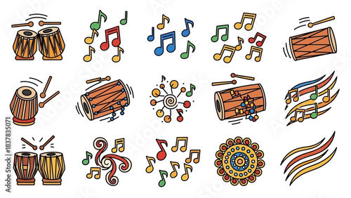 A set of colorful musical instrument and note illustrations on a white background