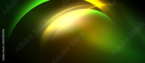 Abstract design features curved shapes, vibrant green, gold hues. Light radiates from center creating dynamic visual effect.