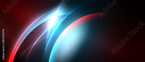 Abstract design features curved lines, vibrant red, blue hues. Bright light source creates dynamic visual effect. Smooth gradients dominate composition.