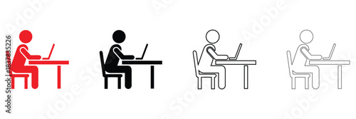person sitting with a laptop and desk icon vector, man using laptop office environment vector silhouette and line art