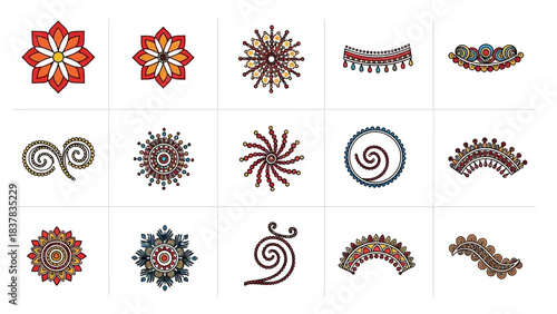 Fifteen henna pattern designs on a white grid floral shapes swirls and dotted arcs