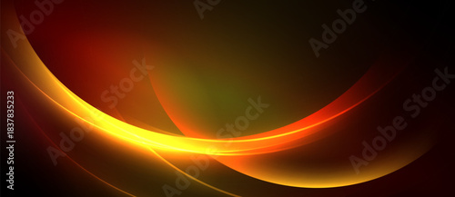 Abstract design features flowing orange curves against dark background. Warm tones create dynamic visual effect. Smooth gradients dominate composition.