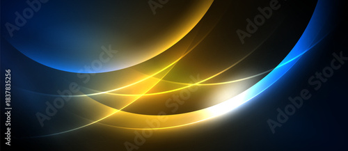 Abstract design features flowing curves, vibrant blues, golds, whites against dark background. Dynamic composition evokes energy, movement.