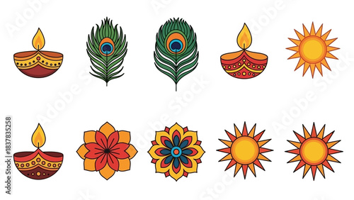 Vivid arrangement featuring diyas peacock feathers suns and blossoms