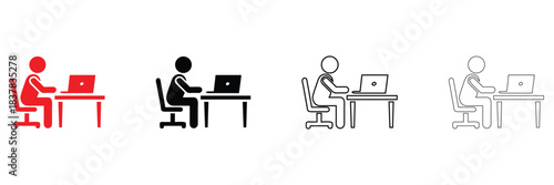 person sitting with a laptop and desk icon vector, man using laptop office environment vector silhouette and line art