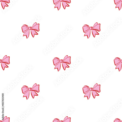 Cute seamless pattern with pink hand drawn bows. Vector background with ribbons . Delicate, feminine, and whimsical design perfect for stationery, packaging, fabrics, wallpapers, and digital projects.