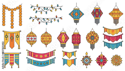 Colorful assortment of festive decorations lanterns banners garlands and lights arranged on a white background