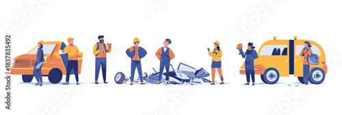 Group of people inspecting damaged car and broken debris near taxi vehicle after accident calling for help in flat minimalist style vector illustration