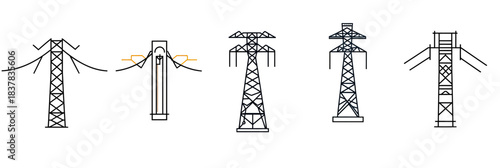 Set of five minimalist line art electric power transmission towers and utility poles with wires and insulators isolated on white background vector illustration
