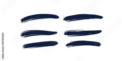 Set of six navy blue ink brush stroke underlines with rough textured edges for highlighting handwritten or digital text accents and design elements