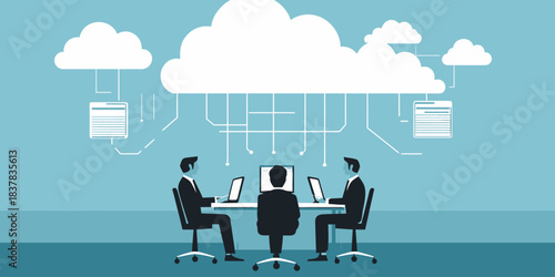 Business people working on laptops connected to cloud computing technology data storage network concept flat vector illustration with digital cloud and data files