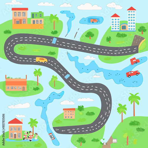 Playful kids map with winding cartoon roads, cars, colorful buildings, palm trees, and lakes in flat minimalist vector style illustration for children play and learning concept