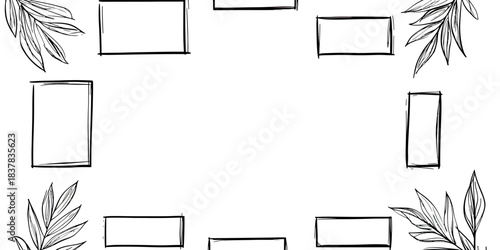 Hand drawn rectangular frame border with leaves decoration and sketch doodle style pencil brush stroke minimal vector design for text or quote background