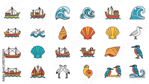 Cartoon collage of ships waves shells seagulls and kingfishers