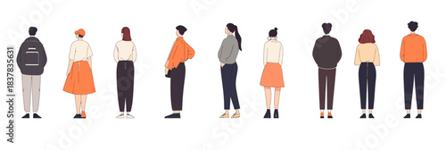 Back view diverse group of young adults standing in casual and business casual clothes flat minimalist vector illustration
