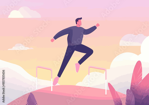 Confident businessman jumping over hurdles on path with abstract clouds and plants background in minimalist vector style for success and achievement concept