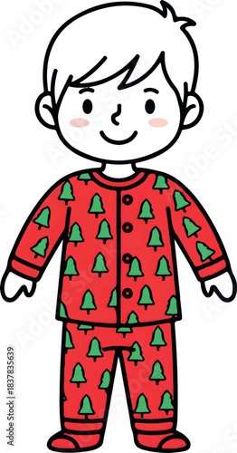 Happy Boy Wearing Tree Pattern Pajamas For Christmas