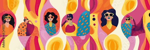 Seamless retro pattern with abstract colorful shapes and diverse female portraits in minimalist 70s pop art style vector background for fabric or wallpaper design