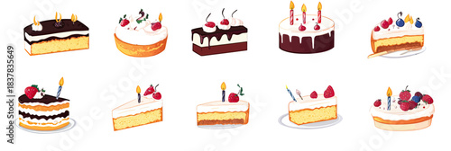 Assorted colorful birthday cake slices with various toppings candles cream berries minimalist flat vector illustration set isolated on white background dessert food