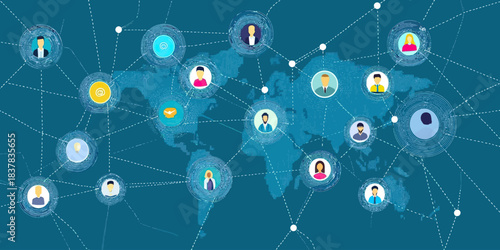 Global social network connection concept with diverse business people icons linked by dotted lines on world map background in flat minimalist style vector illustration