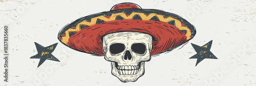 Vintage skull wearing traditional Mexican sombrero hat with decorative pattern, sketchy style cartoon vector illustration on textured background